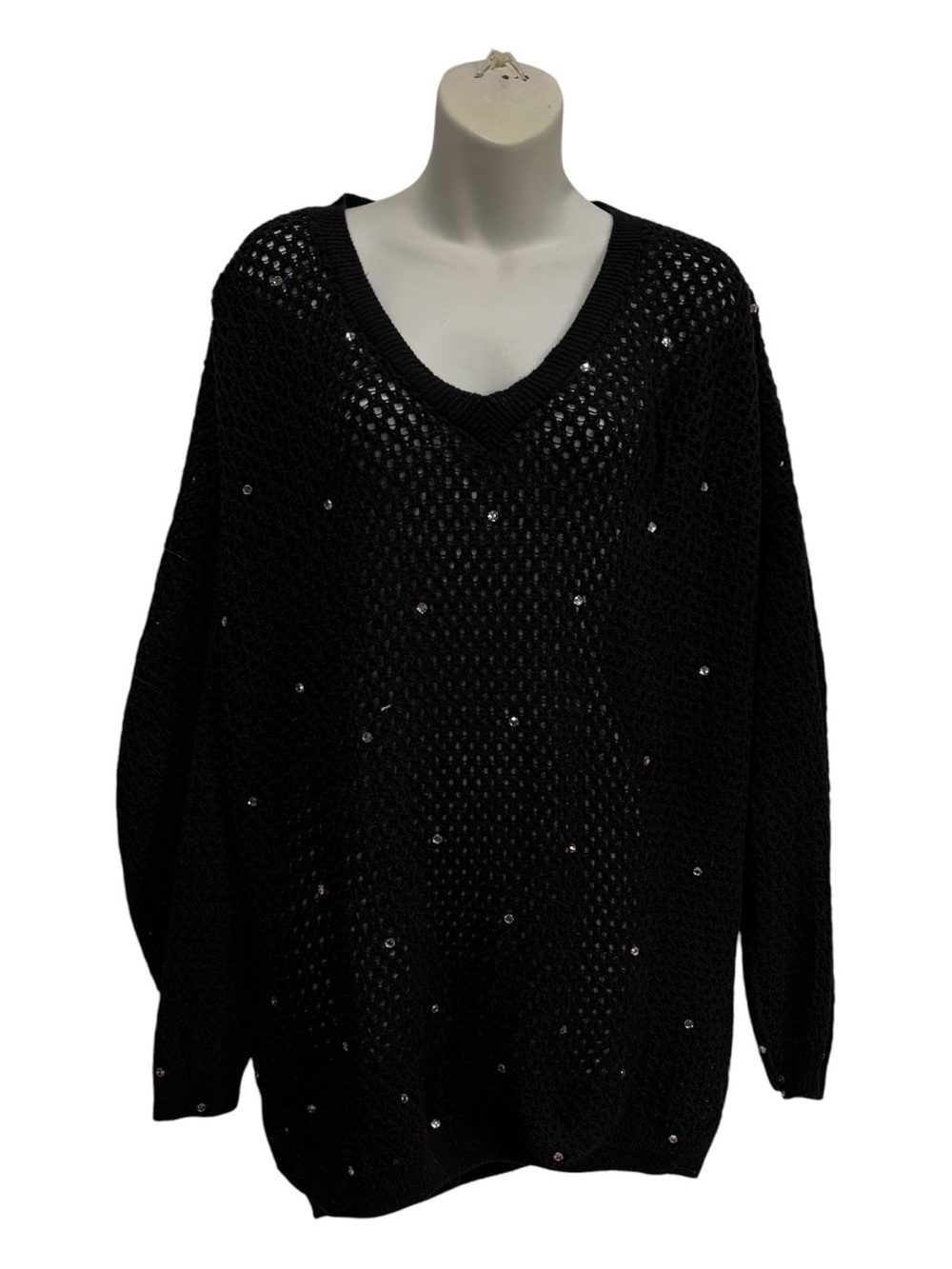 Black V-Neck Open-Knit  cotton Sweater with Rhinestone Detail size XL
